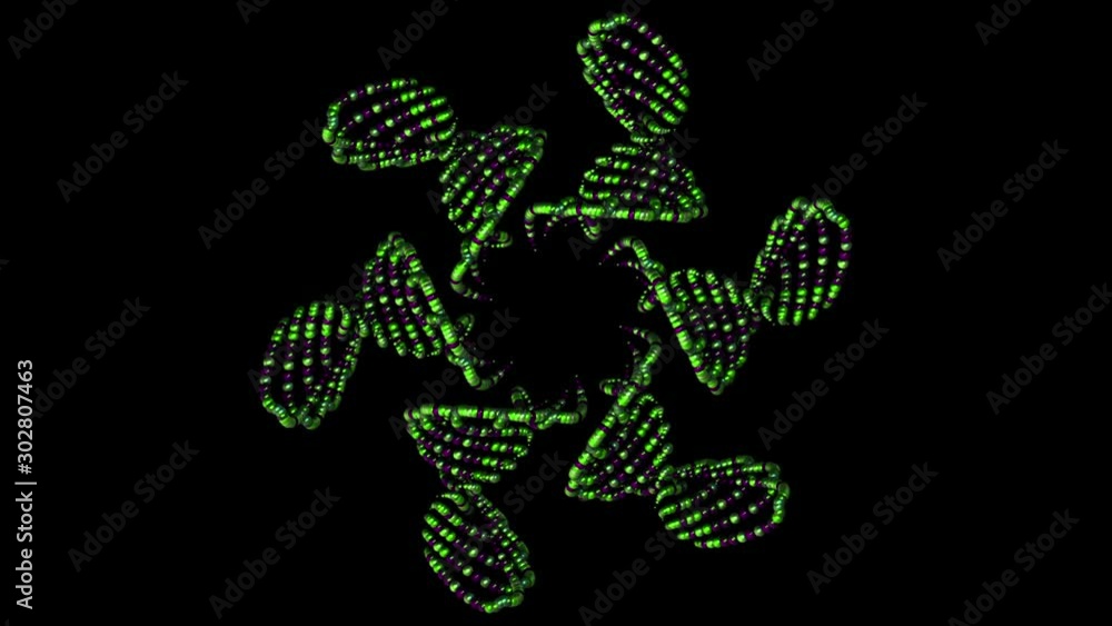 Poster abstract animation of multicolored patterns of small beads rotating and floating on the black backgr
