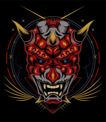 kabuki illustration. red devil face illustration. vector head of red demon. japanese demon mask