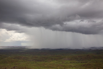 Aerial view from a helicopter of Wet Season thunderstorms near Warmu in the remote Kimberley region of Western Australia.