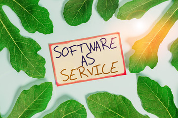 Text sign showing Software As Service. Business photo showcasing On Deanalysisd licensed on Subscription and centrally hosted Leaves surrounding notepaper above an empty soft pastel table as