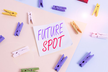 Text sign showing Futuro Spot. Business photo showcasing refers to an action that will take place in the future Colored clothespin paper empty reminder yellow blue floor background office