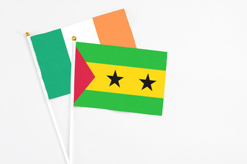 Sao Tome And Principe and Ireland stick flags on white background. High quality fabric, miniature...