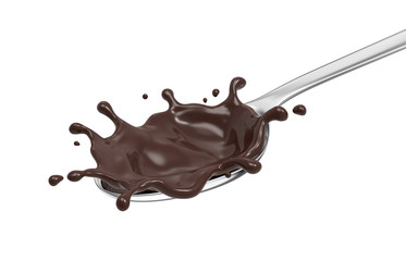 Dark Chocolate natural dessert yummy spread splashing on silver spoon with white background isolated, 3D illustration
