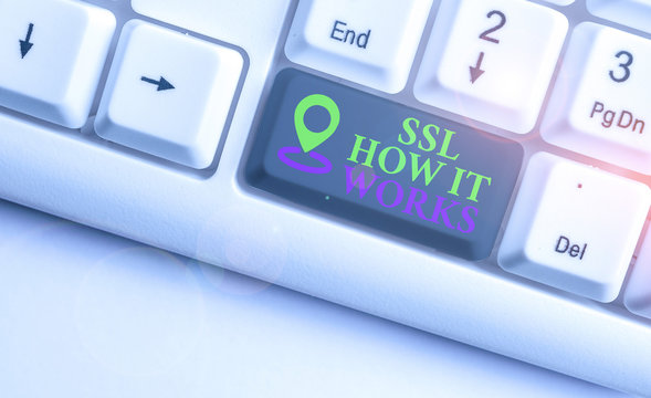 Text sign showing Ssl How It Works. Business photo text session key is used to encrypt all transmitted data White pc keyboard with empty note paper above white background key copy space