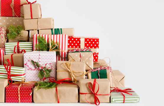 Lots of christmas gift boxes. White background.