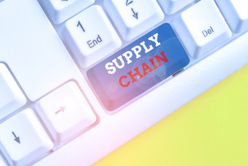 Word writing text Supply Chain. Business photo showcasing network between a company and suppliers in producing a product White pc keyboard with empty note paper above white background key copy space