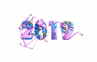 Happy New Year Banner with 2019 trendy pink color Numbers made by plastic and organic matterwhite Background. Abstract 3d illustration