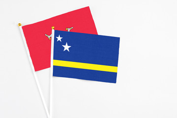 Curacao and Isle Of Man stick flags on white background. High quality fabric, miniature national...
