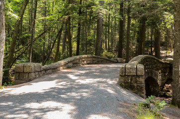 Historic carriage road bridge surrounded by forest (blurred background) in Acadia National Park, Maine, USA