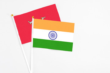 India and Isle Of Man stick flags on white background. High quality fabric, miniature national...