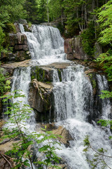 Fototapeta na wymiar The multiple cascades of lovely Katahdin Stream Falls along the Hunt Trail in Baxter State Park, Maine, USA. Portrait orientation.