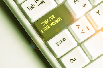 Word writing text Time For A New Normal. Business photo showcasing Make a big dramatic change Replace the expected White pc keyboard with empty note paper above white background key copy space