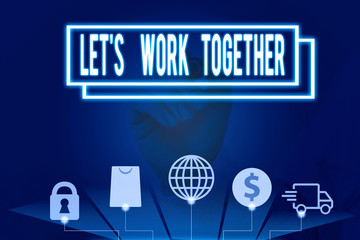 Conceptual hand writing showing Let S Work Together. Concept meaning Unite and Join Forces to...