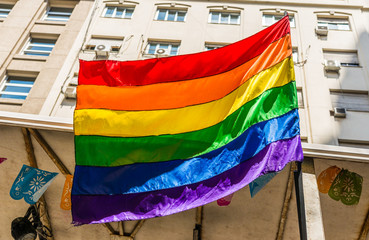 Rainbow flag at a Pride Day gay, lesbian, and LGBT parade