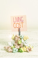 Writing note showing Living Cost. Business concept for the amount of money that a demonstrating needs to sustain life Reminder pile colored crumpled paper clothespin wooden space