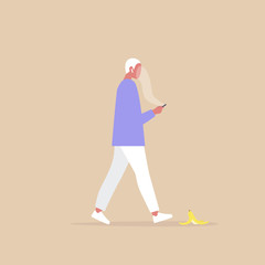 Modern lifestyle, Millennial male character addicted to a smartphone stepping on a banana peel