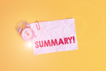 Text sign showing Summary. Business photo showcasing a brief statement or account of the main...