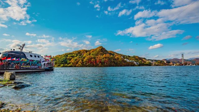 Time lapse,Boat tour and Nami river in Autumn at Nami Island Seoul,South Korea.