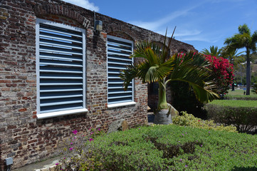Old building with flowers in Falmouth Antigua