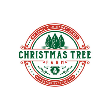 Christmas tree vintage logo design for farm. Template logo design for farm