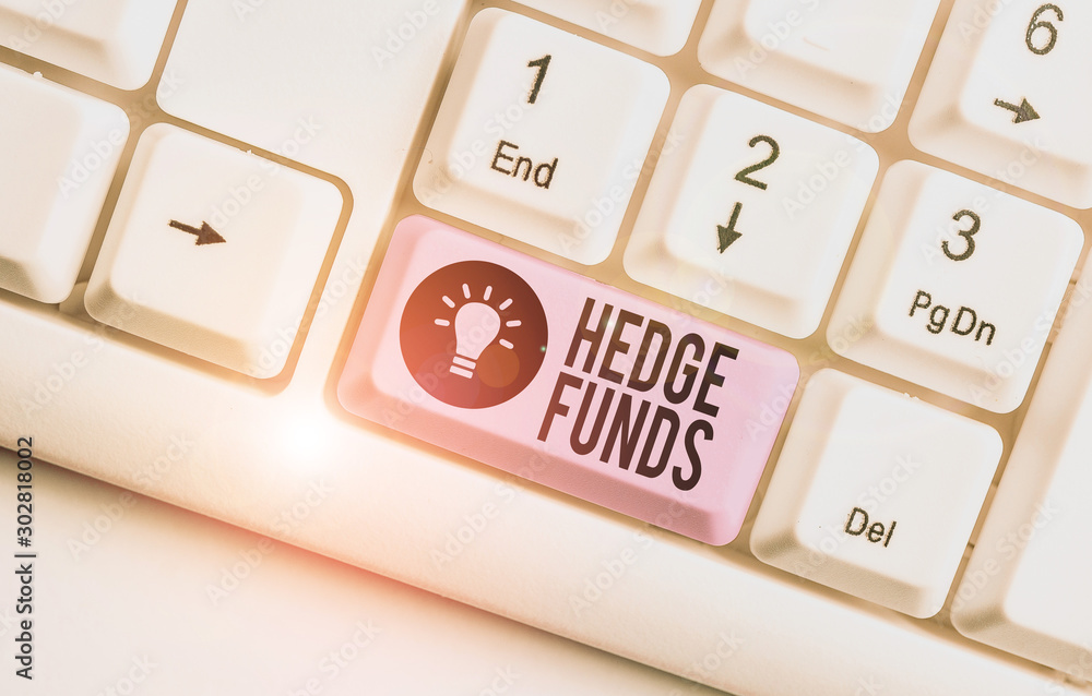 Aufkleber writing note showing hedge funds. business concept for basically a fancy name for an alternative inv