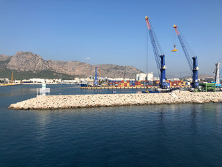 Fototapeta na wymiar port anatalia loaders ships yachts seaport mediterranean
