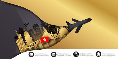 Hong Kong Travel postcard, poster, tour advertising of world famous landmarks in paper cut style. Vectors illustrations