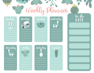 cute weekly planner background with house,snow,people,tree.Vector illustration for kid and baby.Editable element