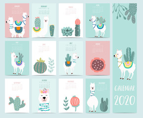 Doodle animal calendar 2020 set with llama,lama,alpaca for children.Can be used for printable graphic.Editable element © piixypeach