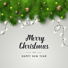 Fototapeta na wymiar Christmas and New Year banner. Holiday's Greeting Card Background with Season Wishes and Border of Realistic Looking Christmas Tree Branches Decorated with Gold stars, Gold ball, Snowflakes.