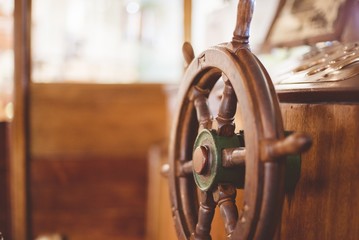 Closeup of a boat steering wheel