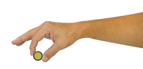 male hand holding coin,saving money of business concept,isolated on white background,include clipping path