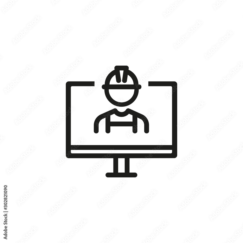 Poster it engineer thin line icon. technical support, worker in helmet, monitor isolated outline sign. engi