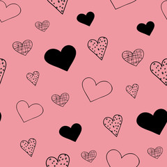 Heart Filled, Heart doodles, Vector seamless pattern with Valentines day hearts on pink background. Surface Pattern Design