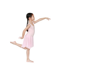 Asian little child girl dancer ballet ballerina stretching isolated on white background with copy space. Beautiful children in pink tutu skirt.