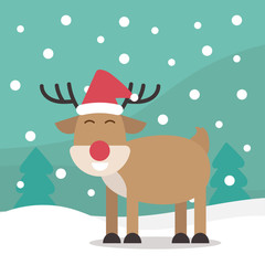 character of reindeer with Santa Claus hat standing on snowfall background, Christmas theme. cartoon flat vector illustration.