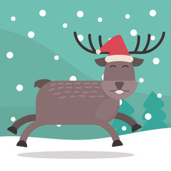 Merry Christmas theme reindeer character with Santa Claus red hat on snow background. cartoon flat vector illustration