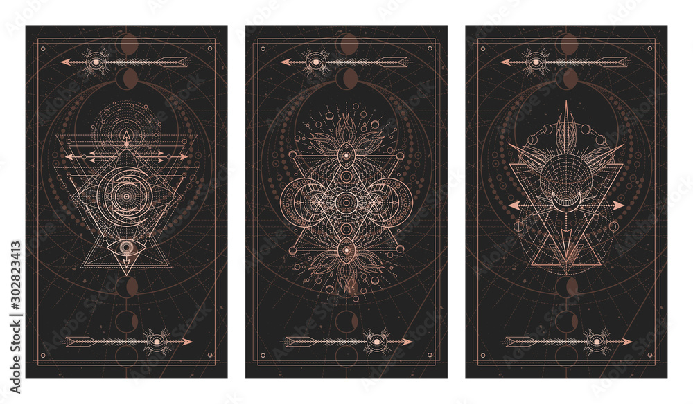 Wall mural vector set of three dark backgrounds with sacred symbols, grunge textures and frames. illustration i