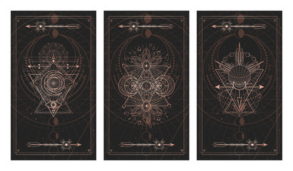Vector set of three dark backgrounds with sacred symbols, grunge textures and frames. Illustration in black and gold colors.
