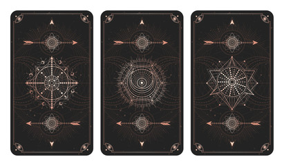 Vector set of three dark backgrounds with sacred symbols, grunge textures and frames. Illustration in black and gold colors.