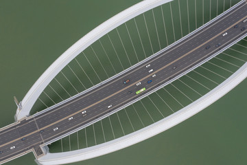 Aerial view of a cable-stayed bridge on a green river