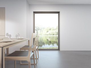 Fototapeta na wymiar Glass window near wooden table and chairs of modern lake view house. Gray concrete floor dining room 3d rendering with empty white wall background.