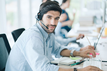 Service Team Concept. Operator or Contact Center Sale in Office, Information People Call Center,...