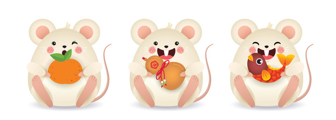 2020 year of the rat illustration. Set of cute cartoon mouse holding tangerine, chinese bottle gourd & koi fish isolated on white background. Chinese New Year icon or item. (translation: blessing)