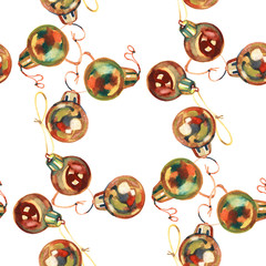 Seamless pattern of hand drawn golden Christmas balls, Christmas design