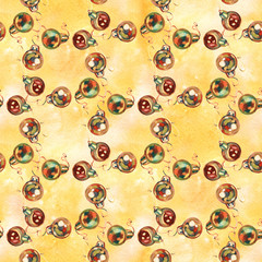Seamless pattern of hand drawn golden Christmas balls, Christmas design