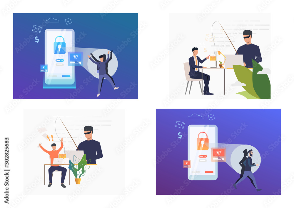 Poster set of hackers fishing data. flat vector illustrations of hackers breaking private info. data protec