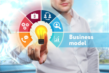 Business, Technology, Internet and network concept. Young businessman shows the word: Business model