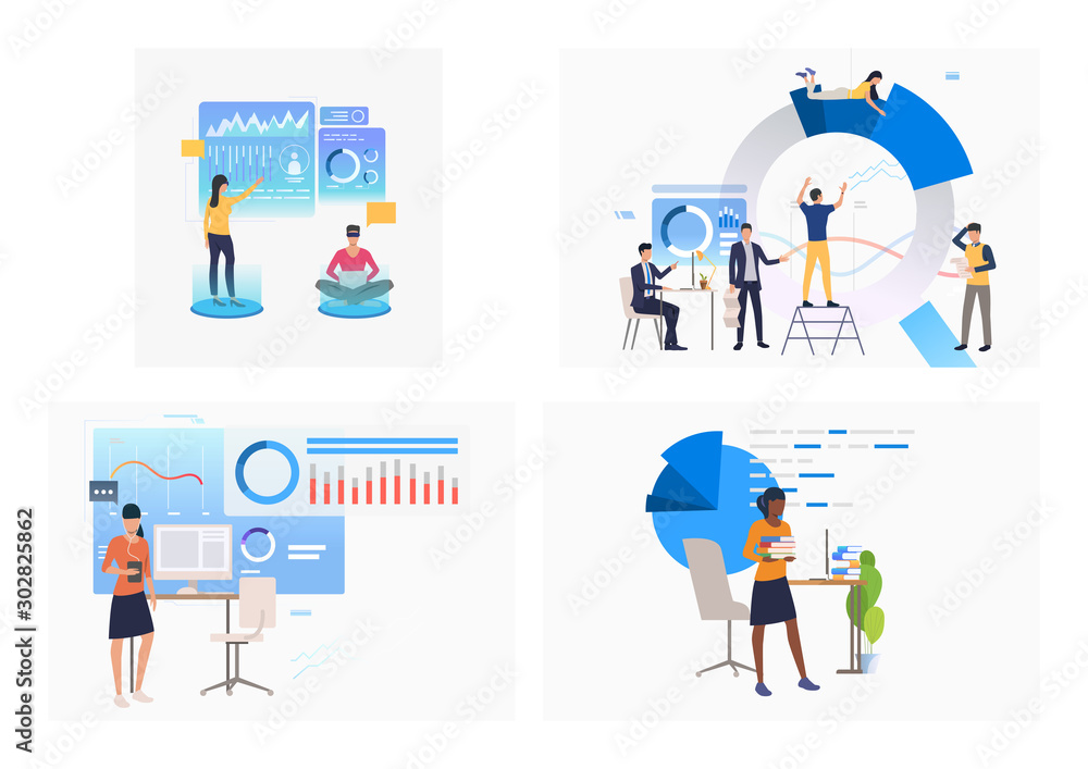 Poster set of people analyzing financial data diagrams. flat vector illustrations of workers of examining d