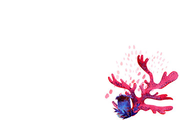 watercolor set of underwater life objects. There are anemones, corals, algae